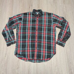 Vintage 90s Basix Mens M Plaid Flannel Shirt Red Green Black Cotton Button Down
